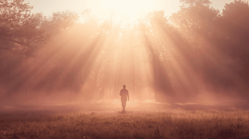 A person walking toward warm golden light through a misty forest path, symbolizing awakening and divine guidance.